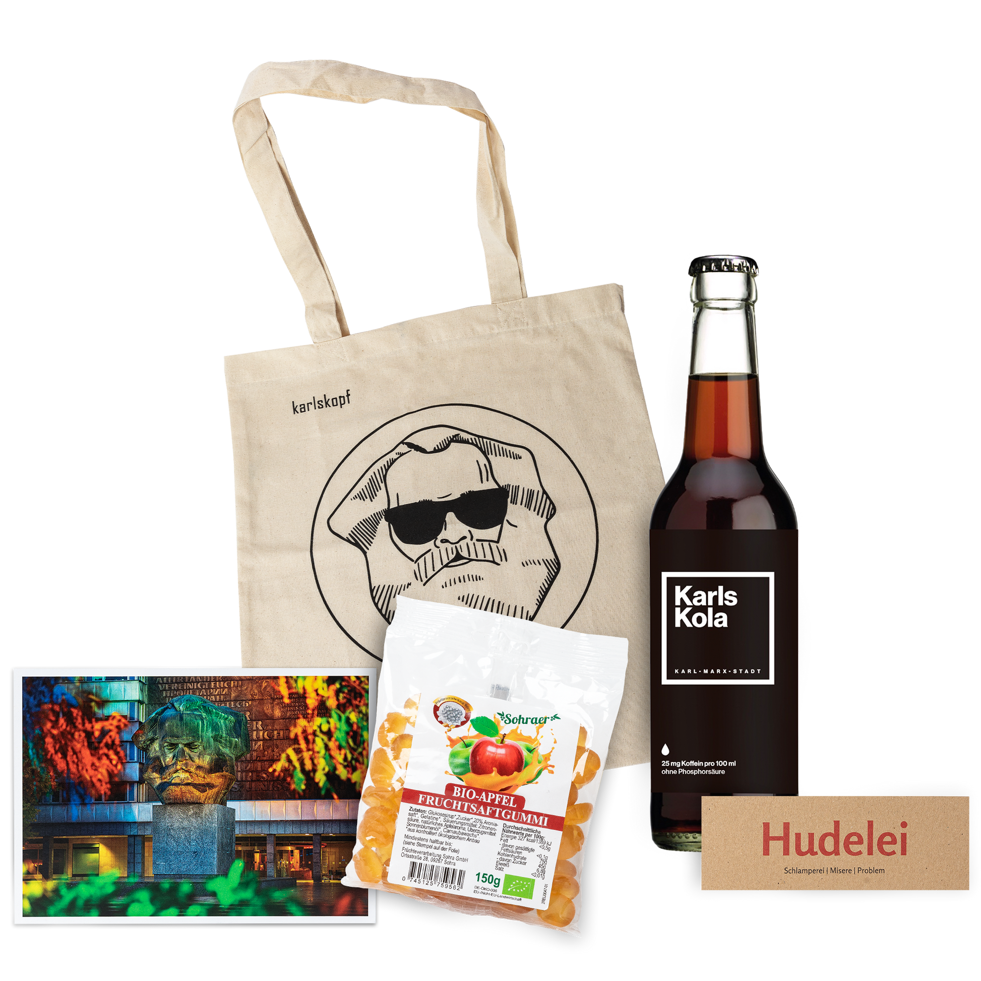 Genuss Set Chemnitz Light mit Karls Kola Flasche, Bio-Apfel Fruchtsaftgummi, Stofftasche mit Karlskopf-Logo und Postkarte mit Karl-Marx-Denkmal
