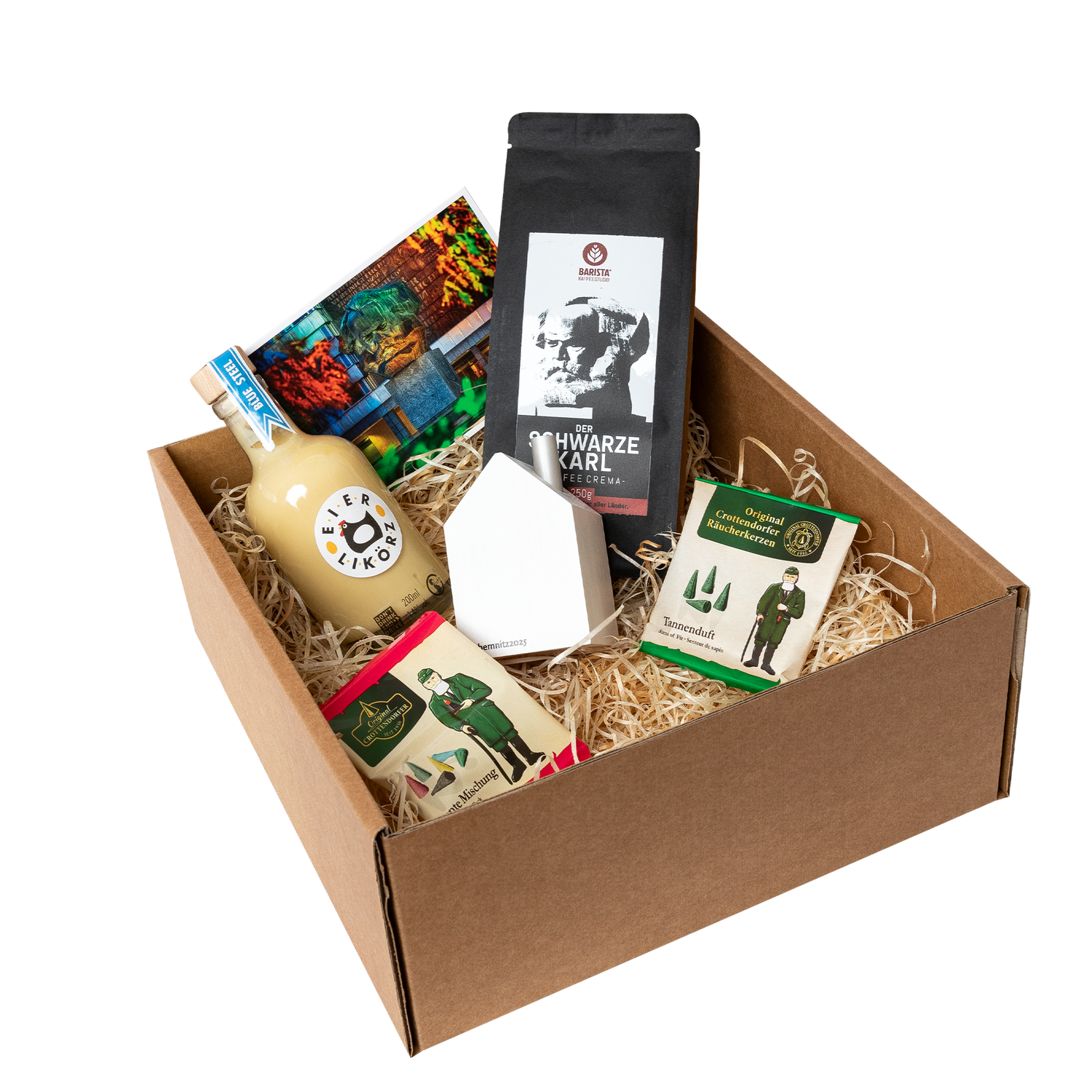 Genuss Set Chemnitz Premium mit Eierlikör, Kaffee 'Der Schwarze Karl', Crottendorfer Räucherkerzen und einem weißen Räucherhaus in brauner Geschenkbox.