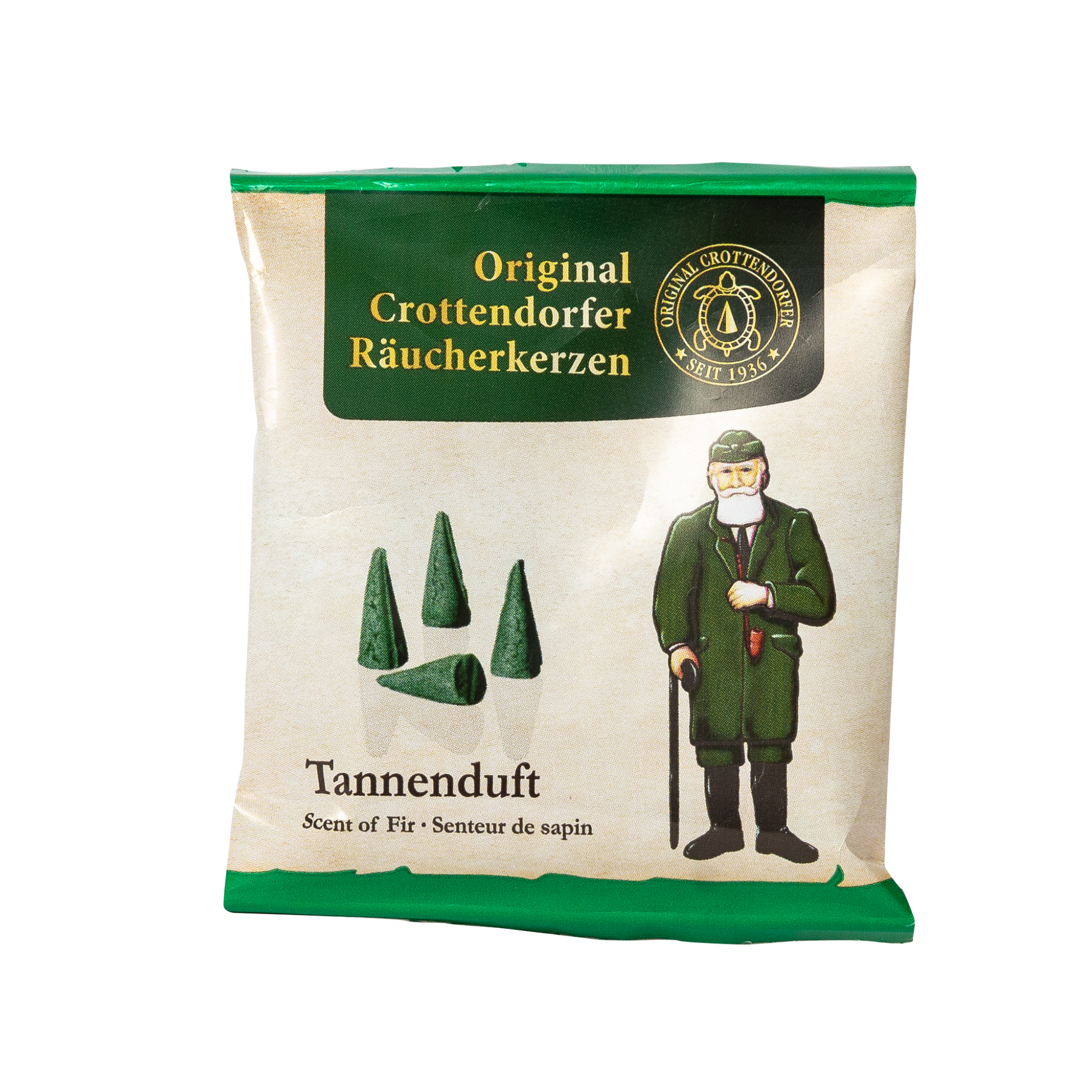 Verpackung der Original Crottendorfer Räucherkerzen mit Tannenduft, zeigt grüne Kegel und Illustration eines Mannes mit grünem Mantel und Stock