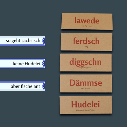Fünf braune Karten mit sächsischen Wörtern und deren Bedeutungen: 'lawede' (wackelig, instabil), 'ferdsch' (fertig), 'diggschn' (eingeschnappt sein), 'Dämmse' (Hitze, Schwüle), 'Hudelei' (Schlamperei, Misere, Problem). Daneben drei weiße Banner mit Texten: 'so geht sächsisch', 'keine Hudelei', 'aber fischelant'.
