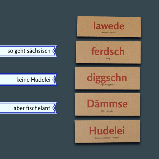 Fünf braune Karten mit sächsischen Wörtern und deren Bedeutungen: 'lawede' (wackelig, instabil), 'ferdsch' (fertig), 'diggschn' (eingeschnappt sein), 'Dämmse' (Hitze, Schwüle), 'Hudelei' (Schlamperei, Misere, Problem). Daneben drei weiße Banner mit Texten: 'so geht sächsisch', 'keine Hudelei', 'aber fischelant'.